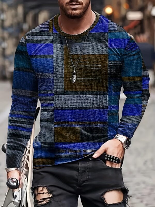 Men's Colorful And Irregular Plaid Pattern Crew Neck And Long Sleeve T-shirt, Tops For Spring And Autumn Outdoors And Sports Wear