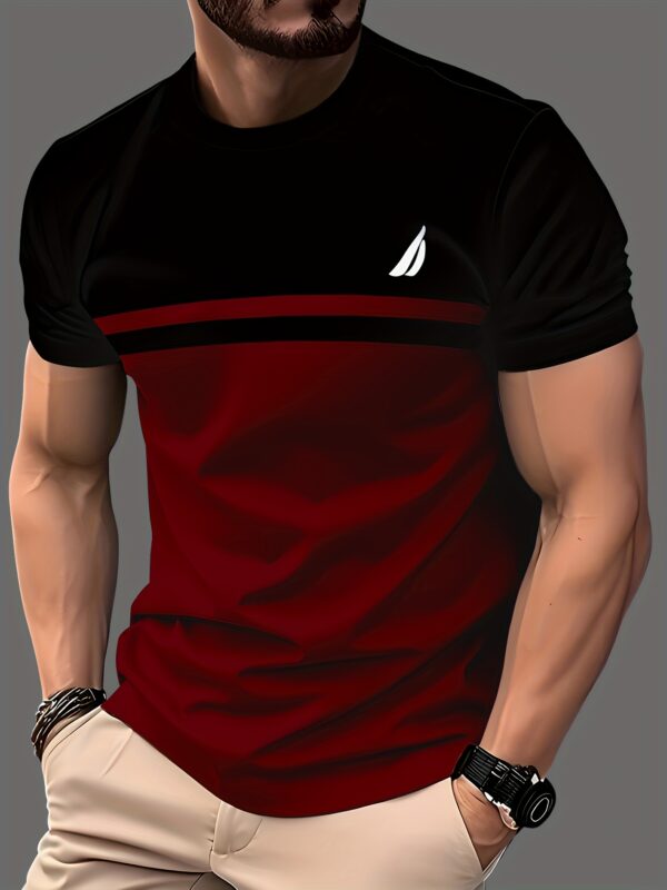 product-fancy-ae9344dd-95c2-4c52-af03-8163c0a0950b 5pcs Men'S Color Block T-Shirts - 3D Digital Print, Short Sleeve, Regular Fit, Breathable Polyester Blend, Summer Casual Wear, Black with Red/Blue/Green/Beige/Gray Contrast Stripes, Sports T Shirts