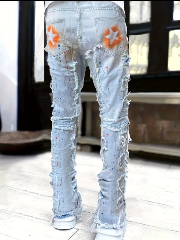 Men's Slim-Fit Straight-Leg Jeans - Layered Fringe Hem Trousers, Machine Washable All-Season Streetwear Pants for Urban Fashion Outfits, Casual Wear, Slim Fit, Stylish Detailing, Printed Design, Young Adults