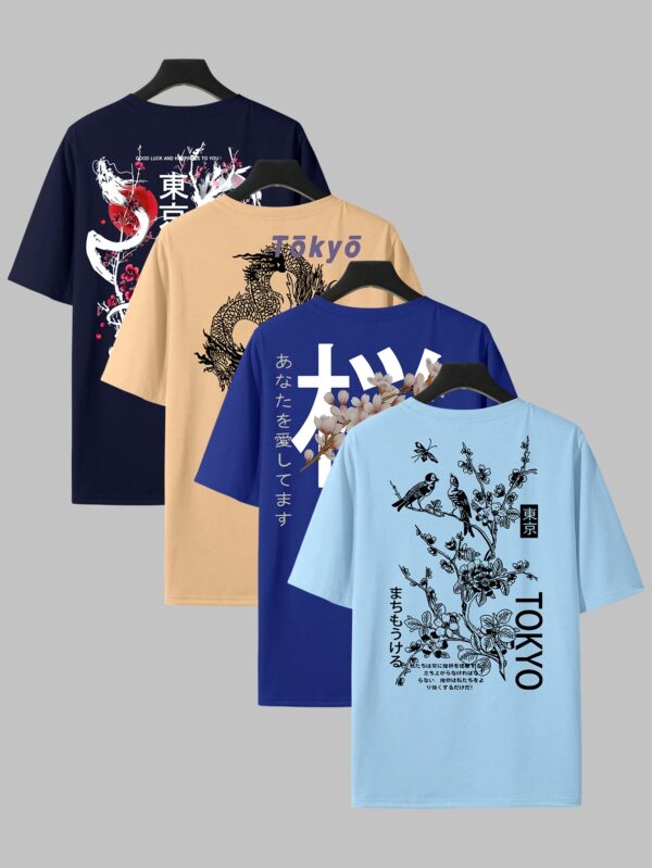 Men'S Casual Crew Neck T-Shirt Set with Japanese-Inspired Dragon & Cherry Blossom Designs - Black, White, and Gray, All-Season Comfort, Everyday Tee | Graphic Tee Set | Glossy Finish, PLUS SIZE