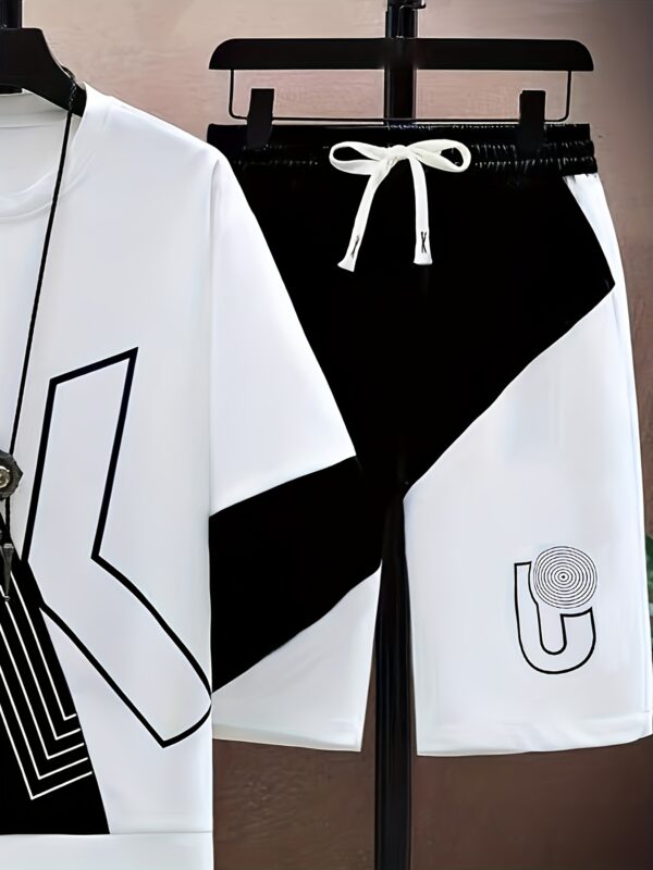 2pcs Summer Casual Sportswear Set for Men, Trendy Fashion Spliced Round Neck Short Sleeve T-Shirt and Drawstring Shorts in Black and White Color Block Design