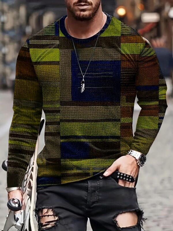 Men's Colorful And Irregular Plaid Pattern Crew Neck And Long Sleeve T-shirt, Tops For Spring And Autumn Outdoors And Sports Wear