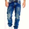 product-fancy-b6bc9191-2253-4faf-bb2f-39f240280440 Men's Slim-Fit Straight-Leg Distressed Blue Washed Jeans - Heavy-Duty Stretch Denim, All-Season Comfort, Classic 5-Pocket Design & Frayed Hem for Casual & Semi-Formal Wear (Hand Washable) - Versatile Streetwear to Office Style