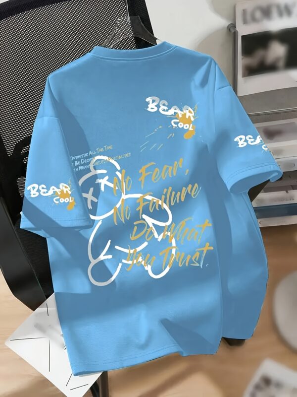 1pc Men'S Casual Summer T-Shirt with Cartoon Bear & "BEAR COOL" Print - Light Blue, Slight Stretch, Regular Fit, Round Neck, Short Sleeve, Perfect for Casual Attire & Weekend Outings, Ideal Gift for Friends, Casual Wear Tee | Playful Graphic Tee | Stretchy Fabric