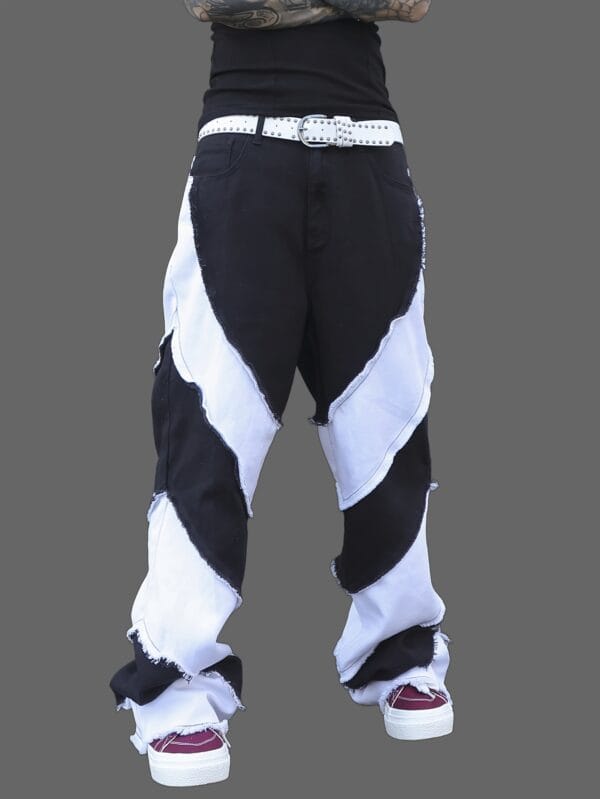 product-fancy-b99ee981-aa80-4eb0-ad96-75b8c7a52504 Men'S Black and White Color Block Cargo Pants, Loose Fit Wide Leg Jeans with Raw Wash Detail, Street Style Non-Stretch Denim for All Seasons, Casual Wear Pants | Streetwear Pants | Denim Fabric