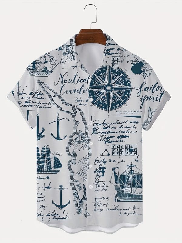 Men's New Fashion Casual Short Sleeve Shirt Trendy Personality Nautical Totem Color Block Print Summer Stylish Versatile Comfortable Breathable Short Sleeve Shirt