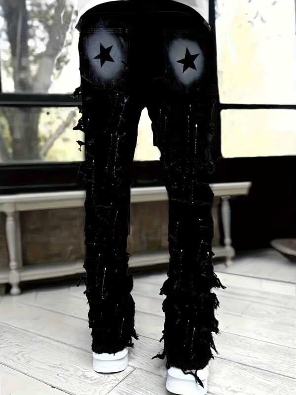 Men's Slim-Fit Straight-Leg Jeans - Layered Fringe Hem Trousers, Machine Washable All-Season Streetwear Pants for Urban Fashion Outfits, Casual Wear, Slim Fit, Stylish Detailing, Printed Design, Young Adults