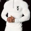 product-fancy-bbf4ae97-719e-444c-8b92-44ec249425d3 Men's White Sporty Long Sleeve Zip-Up Shirt - Stand Collar Tight-Fit Stretch Fabric with Black Spade & Letter K Graphic for Gym, Casual & Athletic Wear, Gym Shirts
