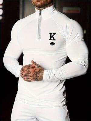 product-fancy-bbf4ae97-719e-444c-8b92-44ec249425d3 Men's White Sporty Long Sleeve Zip-Up Shirt - Stand Collar Tight-Fit Stretch Fabric with Black Spade & Letter K Graphic for Gym, Casual & Athletic Wear, Gym Shirts