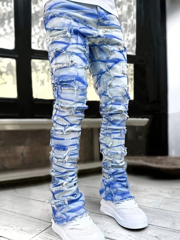 Men's Slim-Fit Straight-Leg Jeans - Layered Fringe Hem Trousers, Machine Washable All-Season Streetwear Pants for Urban Fashion Outfits, Casual Wear, Slim Fit, Stylish Detailing, Printed Design, Young Adults