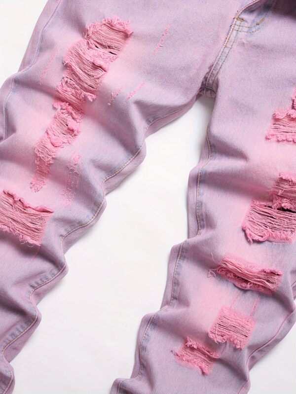 European and American Men's Pink Ripped Slim Fit Straight-Leg Jeans
