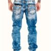 product-fancy-bd43c8f5-bd82-44c1-8a29-1b35c21dfa3a Men's Slim-Fit Straight-Leg Distressed Blue Washed Jeans - Heavy-Duty Stretch Denim, All-Season Comfort, Classic 5-Pocket Design & Frayed Hem for Casual & Semi-Formal Wear (Hand Washable) - Versatile Streetwear to Office Style