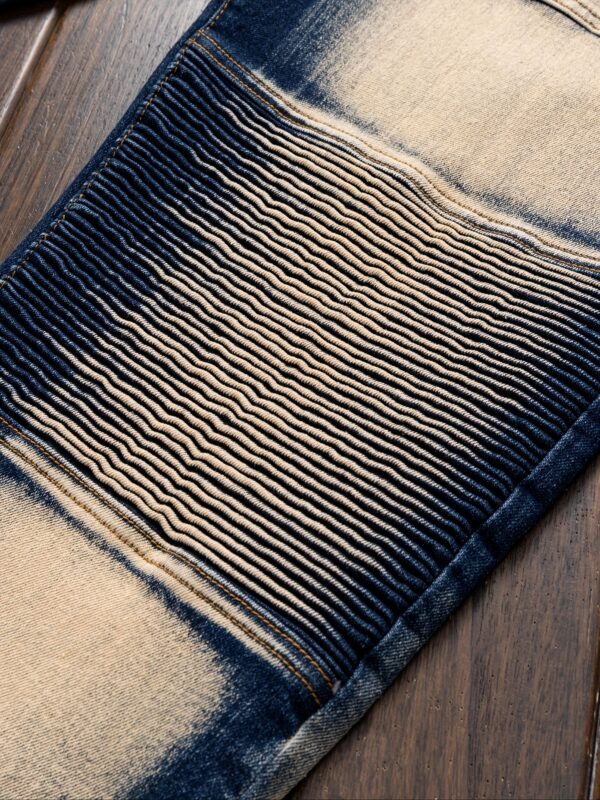 Men's Slim-Fit Vintage Motorcycle Jeans - Straight-Leg Heavy-Duty Blue/Beige Tie-Dye Pants, All-Season Machine Washable Streetwear for Casual & Formal Outfits, Everyday Fashion, Distressed Denim Design, Reinforced Stitching