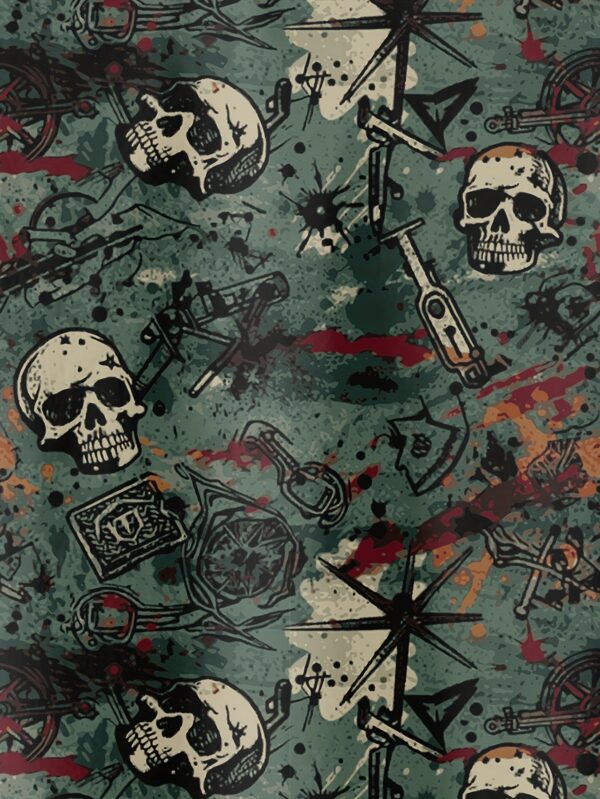 Men's Casual Short Sleeve Shirt with 3D Skull & Crossed Swords Print - 95% Polyester 5% Spandex Blend, Lightweight 100gsm Summer Streetwear, Hip-Hop Rock Graphic Tee, Regular Fit Button-Up