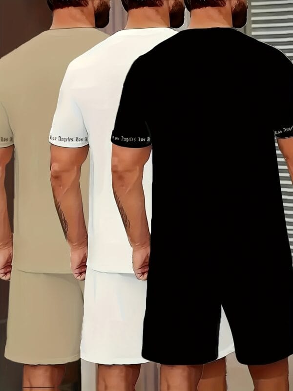 3pcs Los Angeles Letter Print Men's Short Sleeve + Casual Sport Set, Breathable and Soft Summer Outfit with Drawstring Shorts and Pockets