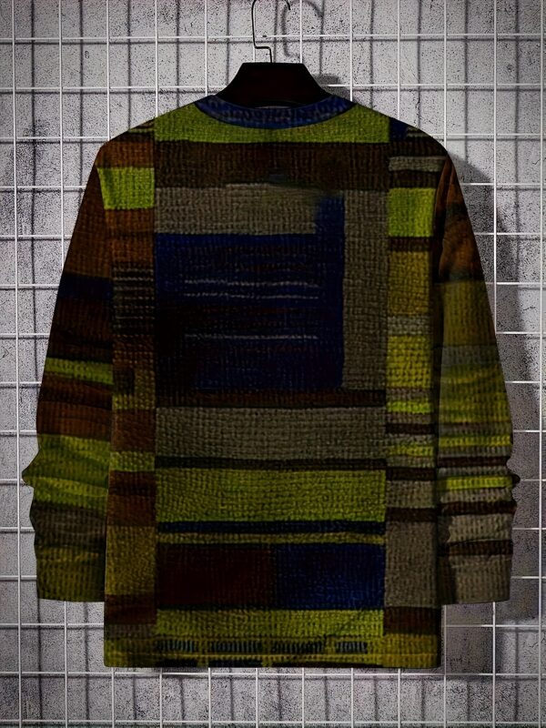 Men's Colorful And Irregular Plaid Pattern Crew Neck And Long Sleeve T-shirt, Tops For Spring And Autumn Outdoors And Sports Wear