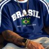 Men'S Brazil Soccer Jersey T-Shirt - Yellow with Green & Blue Print, "Brasil Rio de Janeiro" Design, Short Sleeve, Round Neck, Polyester Knit Fabric, Perfect for Summer Outdoor Activities & Casual Wear, Soccer Shirts