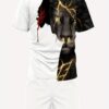 Lightweight, Men's Athletic T-Shirt and Shorts Set - Polyester, Sporty Style, Round Neck, Regular Fit, Machine Washable, Digital Print with Lion and Cross Motif, Ideal for Sports and Casual Wear