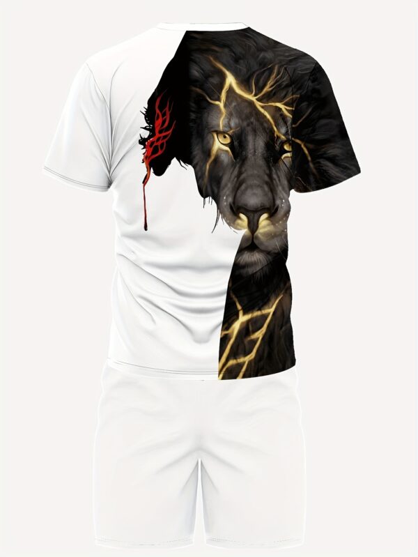 Lightweight, Men's Athletic T-Shirt and Shorts Set - Polyester, Sporty Style, Round Neck, Regular Fit, Machine Washable, Digital Print with Lion and Cross Motif, Ideal for Sports and Casual Wear