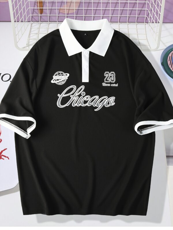 Men'S Chicago 23 Basketball Jersey Polo Shirt - Black with White Lettering, Casual Streetwear Style, Short Sleeve, Regular Fit, All-Season Comfort, Basketball Jersey, Casual Top, Streetwear Fashion, Crewneck Shirt, Sports Fan Clothing, Preppy Look