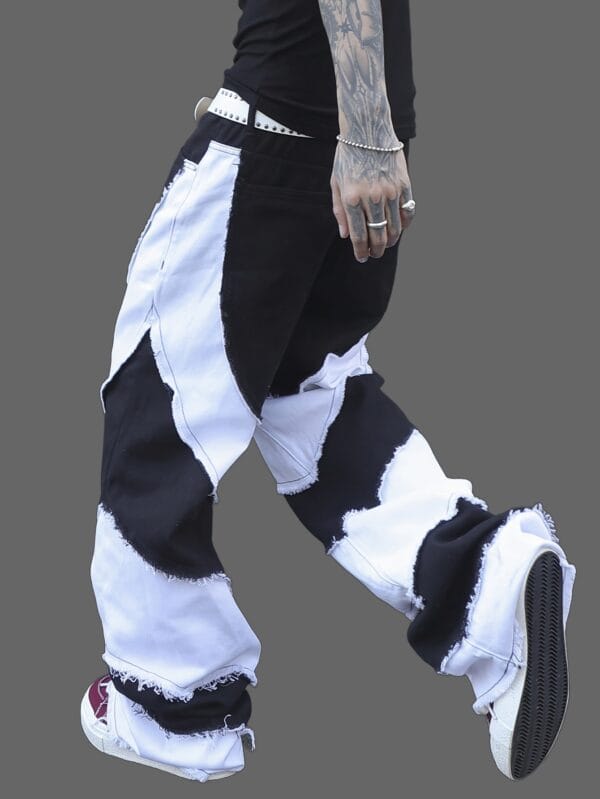 product-fancy-c8d03fd2-da56-4721-aa9b-58f3505f0529 Men'S Black and White Color Block Cargo Pants, Loose Fit Wide Leg Jeans with Raw Wash Detail, Street Style Non-Stretch Denim for All Seasons, Casual Wear Pants | Streetwear Pants | Denim Fabric