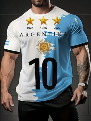 Men's Argentina National Team Soccer T-Shirt - Official Style 3D Printed Emblem with Number 10 Jersey Design, 1970-2026 History, Lightweight Polyester, Machine Washable Fan Apparel for & Football Supporters