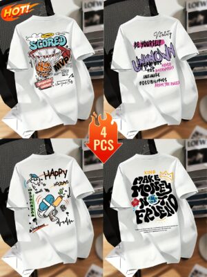 4pcs Men's Trendy Graphic Tees - Casual Crew Neck Short Sleeve T-Shirts with Basketball, Astronaut & More Designs - Soft Polyester Blend, Machine Washable - Versatile for All Seasons, Seasonal Fashion|Trendy Casualwear|Stretch Fabric