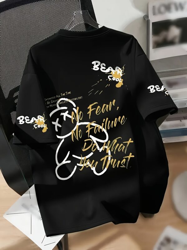 1pc Men'S Casual Summer T-Shirt with Cartoon Bear & "BEAR COOL" Print - Light Blue, Slight Stretch, Regular Fit, Round Neck, Short Sleeve, Perfect for Casual Attire & Weekend Outings, Ideal Gift for Friends, Casual Wear Tee | Playful Graphic Tee | Stretchy Fabric