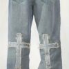 Men's Loose Straight-Leg Jeans with Cross Design - Distressed Denim Casual Pants, Machine Washable All-Season Comfort Fit