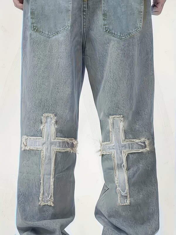 Men's Loose Straight-Leg Jeans with Cross Design - Distressed Denim Casual Pants, Machine Washable All-Season Comfort Fit