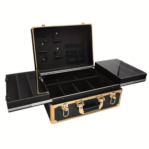 Hexagonal Aluminum Alloy Toolbox - Black & Golden Professional-Grade Multi-Compartment Organizer for Hairstylists, Makeup Artists & Electricians - Durable Portable Metal Tool Storage Case with Secure Latches, Goldtoned Hardware