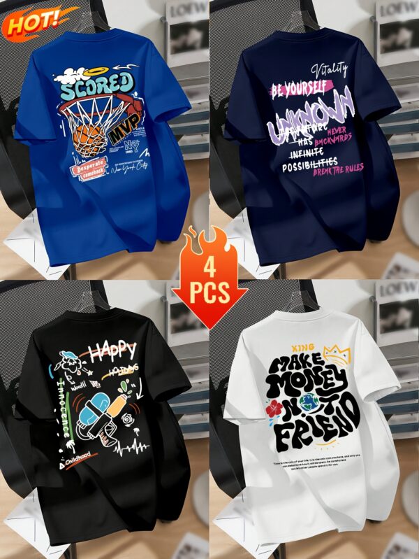 4pcs Men's Trendy Graphic Tees - Casual Crew Neck Short Sleeve T-Shirts with Basketball, Astronaut & More Designs - Soft Polyester Blend, Machine Washable - Versatile for All Seasons, Seasonal Fashion|Trendy Casualwear|Stretch Fabric