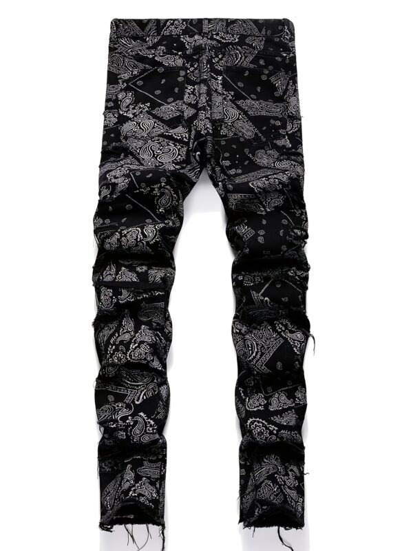 Men's High-Waisted Jeans - Non-Stretch Straight-Leg Pants with Elastic Waistband, Black Urban Streetwear for Casual & Formal Outfits - All-Season Hip-Hop Jeans, Versatile Wardrobe Staple, Creative Frayed Details, Premium Construction, Loosefit Trousers, Street Style Enthusiasts