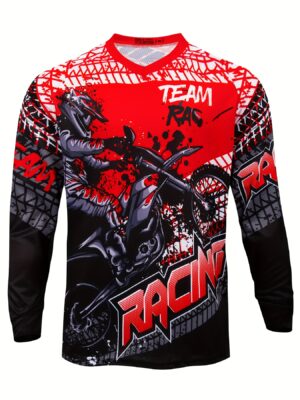 Men's Long Sleeve MTB Racing Downhill Bike Jersey - Full Coverage Motocross Shirt with Neon Green Motorcycle Graphic, Sweat-Wicking Breathable Polyester Racing Suit for Mountain Bike, Dirt Track, Motorcycle - All-Season Off-Road Cycling Apparel, Motocross Jersey, Outdoor Sports Apparel, Sporty Vneck Design, Raglan Sleeves Top, Highquality Print, Durable Sportswear