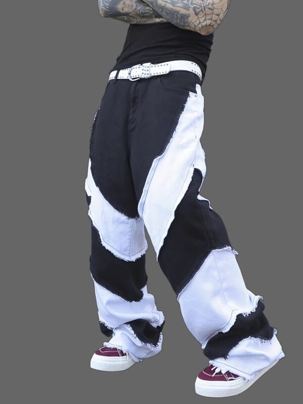 product-fancy-dc6478eb-42fa-475c-b577-6d7d70953a5d Men'S Black and White Color Block Cargo Pants, Loose Fit Wide Leg Jeans with Raw Wash Detail, Street Style Non-Stretch Denim for All Seasons, Casual Wear Pants | Streetwear Pants | Denim Fabric