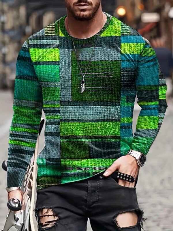 Men's Colorful And Irregular Plaid Pattern Crew Neck And Long Sleeve T-shirt, Tops For Spring And Autumn Outdoors And Sports Wear