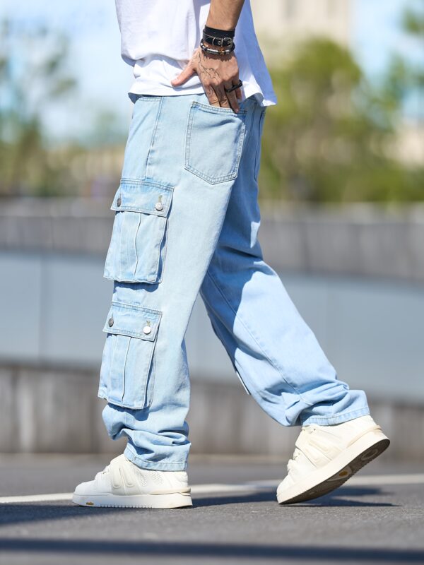 Men's Relaxed Fit Straight-Leg Cargo Jeans - Mid-Length Workwear Style with Multiple Utility Pockets, Solid Color Denim, Machine Washable Casual Pants for All-Season Comfort, Straight Leg Jeans, Allseasons Attire, Nonstretch Denim