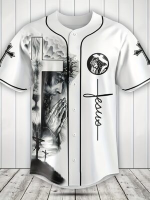 2025 Summer New Classic Prayer Jesus Tech Print Men'S Short Sleeve Baseball Jersey - Stylish Back Wing Design, Polyester Knit Fabric, Button-Up with Black Trim, Perfect for Sports & Casual Wear, Casual Sportswear | Prayer Design | Knit Construction, Baseball Jersey
