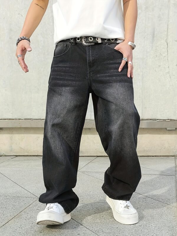 product-fancy-ddc6fcb3-2751-49e9-81c5-e1d15ed7c744 1pc Men'S Loose Fit Denim Jeans - Black Streetwear Style, Non-Stretch Fabric, All-Season Casual Wear, Beltless Design with Pockets, Casual Streetwear|Loose Fit Jeans|Woven Denim