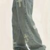Men'S Distressed Denim Jeans with Cross Embroidery - Loose Fit Straight-Leg Casual Pants, Light Gray Washed Style, Non-Stretch Fabric, All-Season Comfort, Everyday Comfort Jeans | Embroidered Cross Design | Nonstretch Fabric