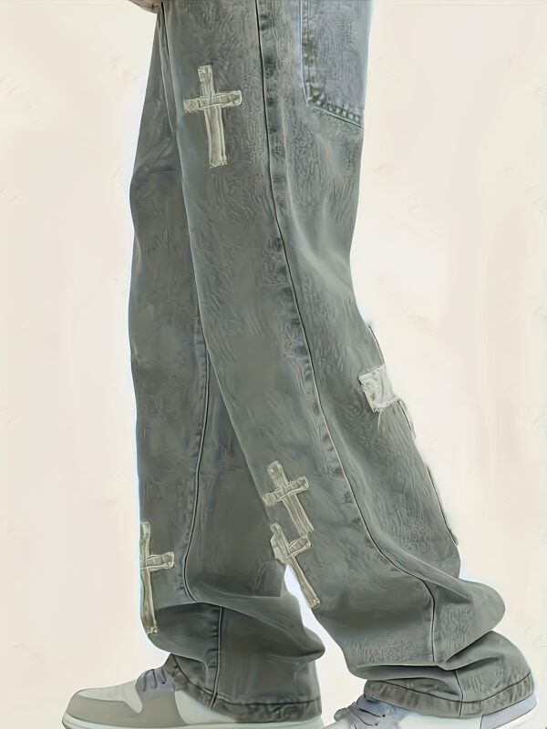 Men'S Distressed Denim Jeans with Cross Embroidery - Loose Fit Straight-Leg Casual Pants, Light Gray Washed Style, Non-Stretch Fabric, All-Season Comfort, Everyday Comfort Jeans | Embroidered Cross Design | Nonstretch Fabric