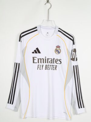 Men'S Adidas Real Madrid Home Jersey - Long Sleeve, White with Yellow & Black Stripes, "Emirates Fly Better" Logo, Regular Fit, Casual Soccer Top for Spring/Fall, Soccer Jersey|Striped Design|Durable Fabric