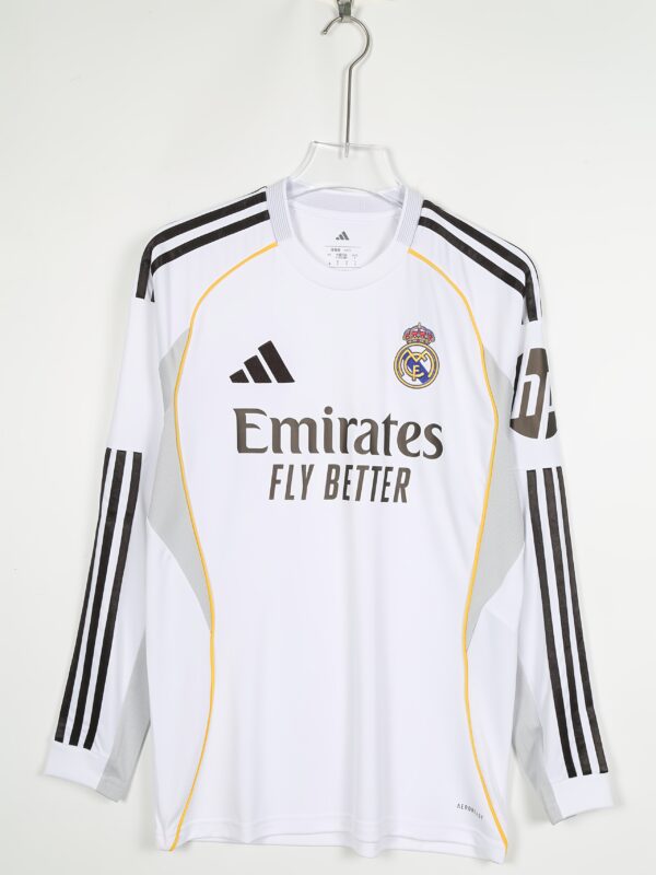 Men'S Adidas Real Madrid Home Jersey - Long Sleeve, White with Yellow & Black Stripes, "Emirates Fly Better" Logo, Regular Fit, Casual Soccer Top for Spring/Fall, Soccer Jersey|Striped Design|Durable Fabric
