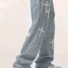 Men's Loose Straight-Leg Jeans with Cross Design - Distressed Denim Casual Pants, Machine Washable All-Season Comfort Fit