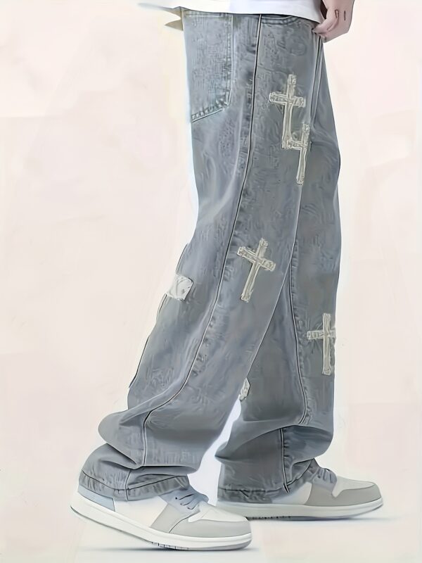 Men's Loose Straight-Leg Jeans with Cross Design - Distressed Denim Casual Pants, Machine Washable All-Season Comfort Fit