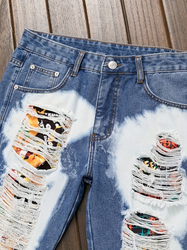 European and American High Street Men's Distressed Patched Slim Fit Straight-Leg Mid-Rise Jeans