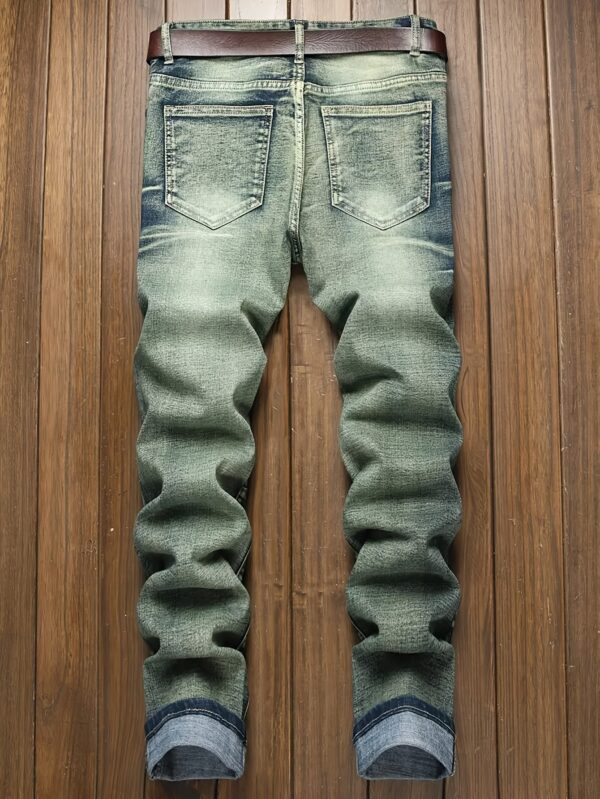 Men's Slim-Fit Distressed Denim Jeans with Stretch Comfort - Creative Ripped & Tie-Dye Design, Machine Washable Casual Pants for All-Season Wear