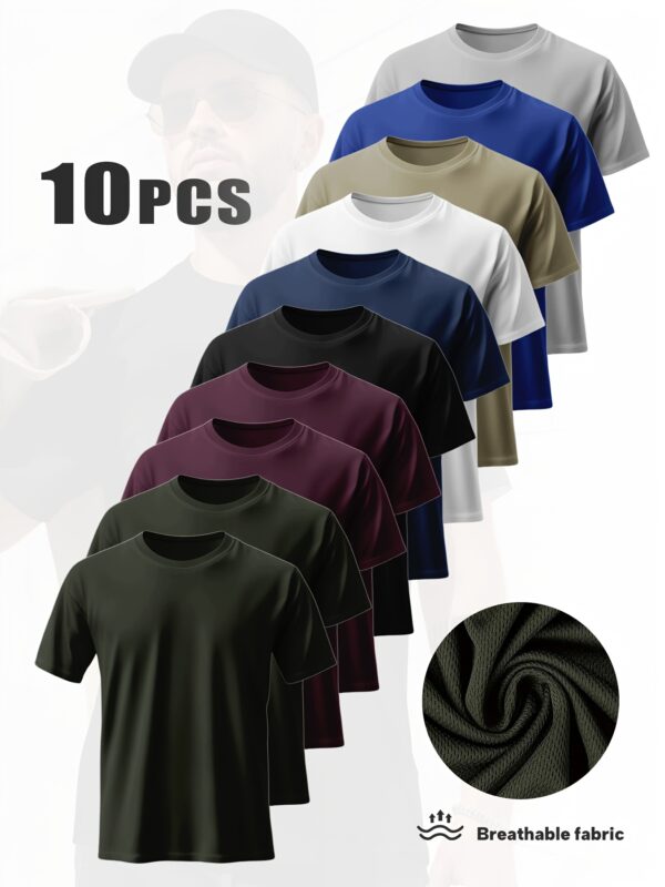 10-Pack Men's Basic Mesh Fitness T-Shirts-Quick-Dry Sports Short Sleeve Tops, ideal for daily casual wear and workout sessions. Features breathable moisture-wicking fabric for ultimate comfort. Makes an excellent gift choice.