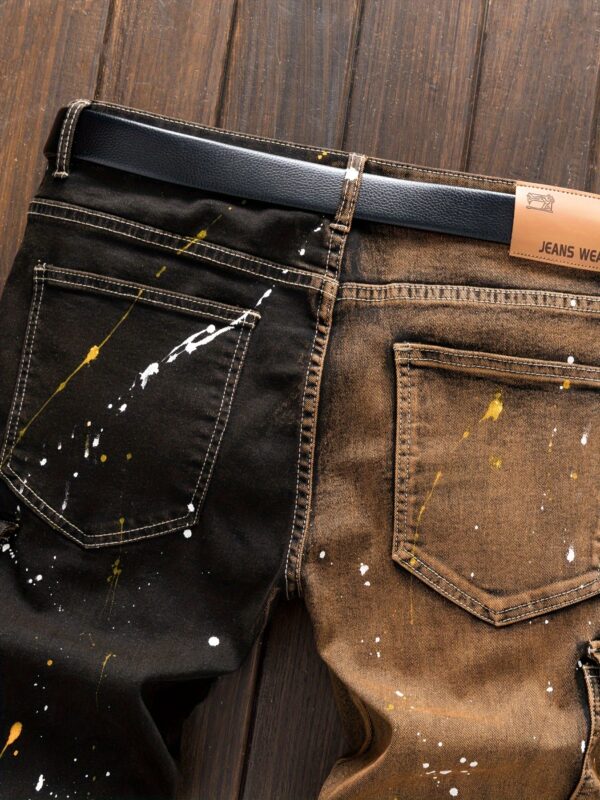 Hip-Hop Punk Style Trendy Paint-Splatter Embroidery Slim Fit Straight-Leg Jeans for Men