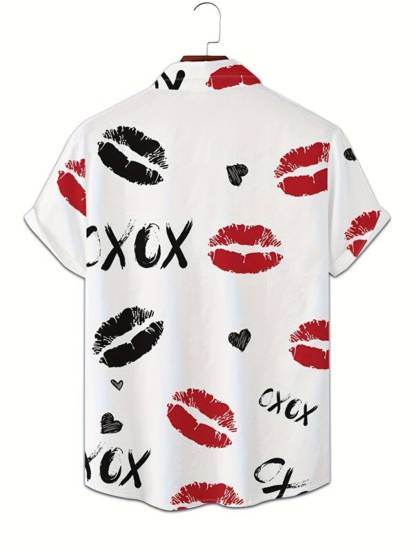 Men's Letters & Lips Print Short Sleeve Lapel Shirt For Summer, Casual Comfy Shirts As Gift